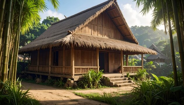 Bamboo house with a thatched roof in a lush green tropical setting under bright skies