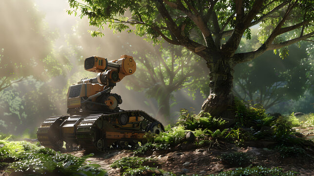 Futuristic robot with tank treads and articulated arm stands in a sun-dappled forest clearing, surrounded by lush green foliage and tall trees.