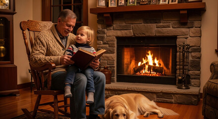 Obraz premium Elderly man reading book with child by cozy fireplace in warm golden lighting for family advertising