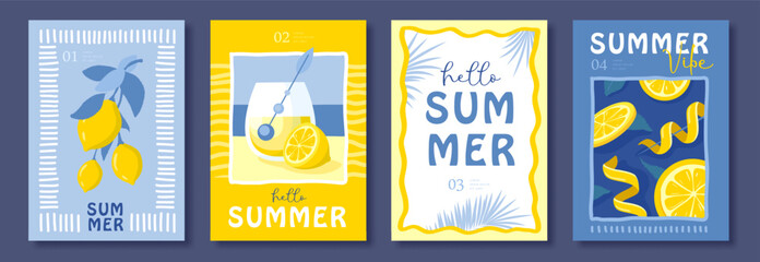 Fototapeta premium Set of summer Italian posters or covers with tequila sunrise cocktail, lemonade, lemons, frames and lemon zest. Vector illustration