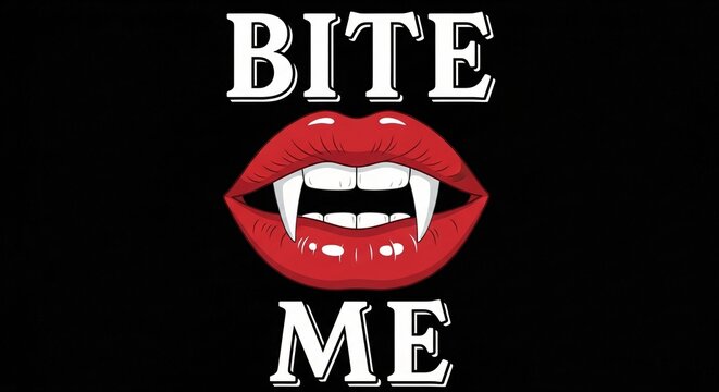 Glossy red vampire lips with sharp white fangs positioned between bold white text that reads bite me against a solid deep black background artistic graphic design