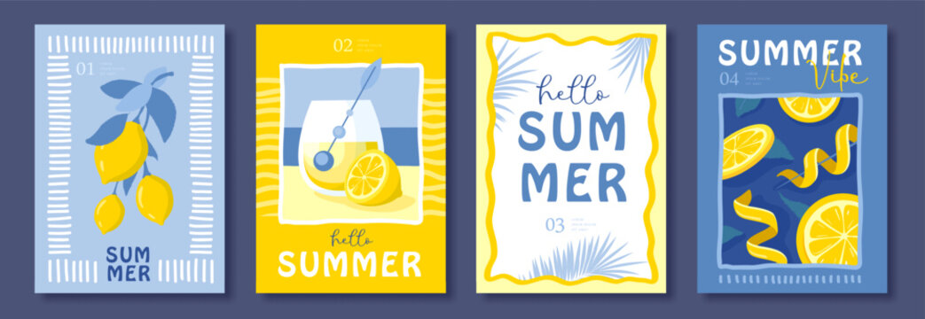 Set of summer Italian posters or covers with tequila sunrise cocktail,  lemonade, lemons, frames and lemon zest. Vector illustration