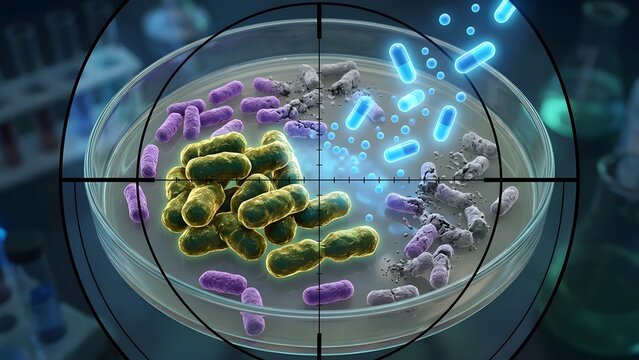 Concept of antibiotic-resistant bacteria surviving medicine attack.