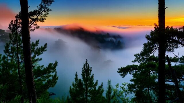 Time lapse panoramic pan of pine forest with fog rolling over valley and distant hills from cliff ridge at sunrise