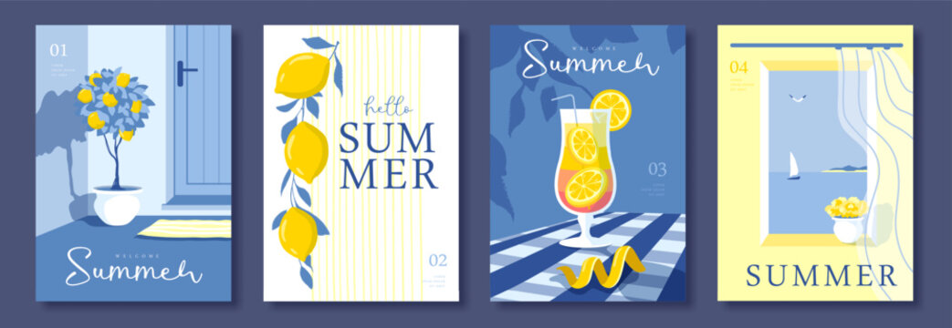Set of summer Italian posters or covers with tequila sunrise cocktail, courtyard,  lemonade, lemons and seascape in the window. Vector illustration