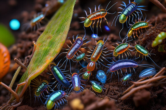 Springtail insects with metallic colors on organic ground
