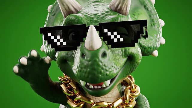 A cool Dinosaur Cartoon with funny dinosaur reactions wearing meme sunglasses and a gold chain against a vibrant green