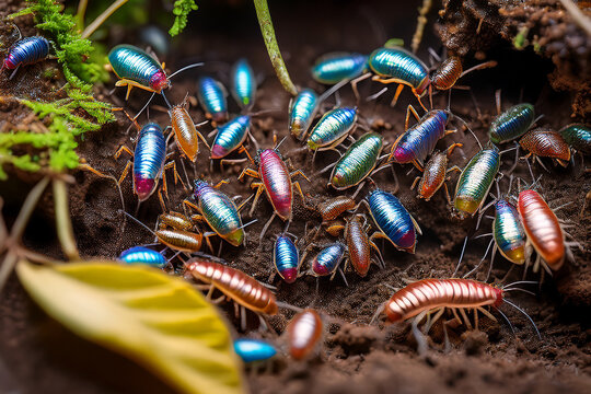 Macro wildlife photography of tiny springtails in forest floor
