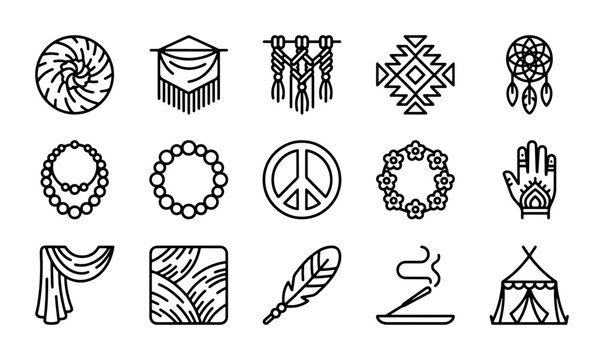 Boho Icons Set: Macrame, Dreamcatcher, Peace Sign, Jewelry, Tent, Feather, Incense