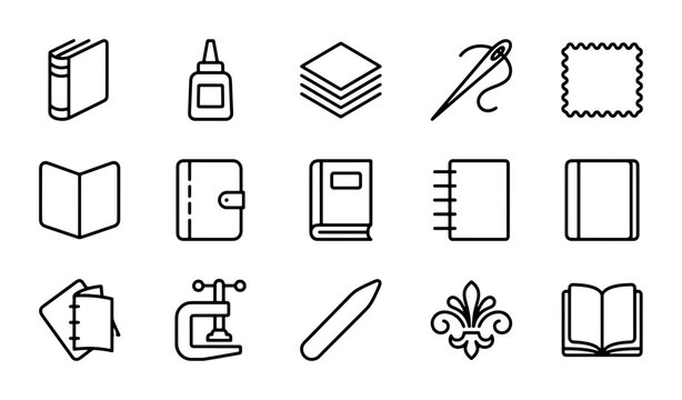 Crafting Icons Set: Bookbinding, Stationery, Sewing Tools, Decorative Elements