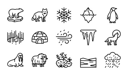 Arctic Icons Set: Polar Bear, Penguin, Fox, Walrus, Igloo, Aurora, Iceberg, Snowflake © Afsana