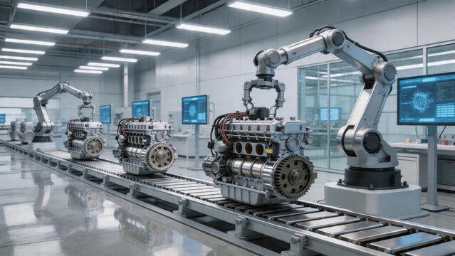 Automated engine assembly line in factory