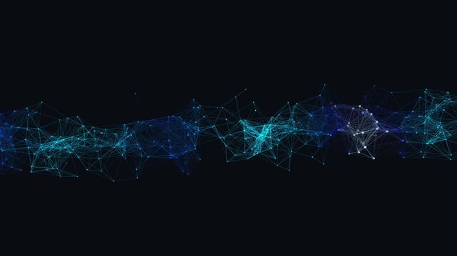 Abstract 3D vector field network visualization featuring glowing synaptic connections in a cyan spectrum. Cinematic wide framing and subtle spin perspective with a seamless loop of sweeping scanners 