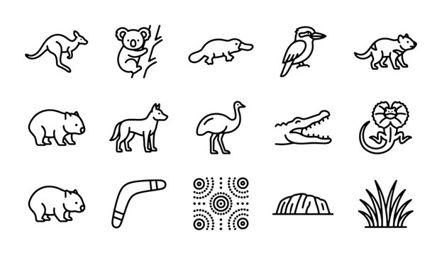 Australian Wildlife Icons Set, Kangaroo, Koala, Dingo, Emu, Crocodile, Aboriginal Art, Vector Graphics