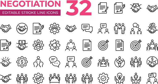 Professional negotiation editable stroke icon bundle showcasing agreement, partnership, communication, strategy, teamwork, and corporate business concepts