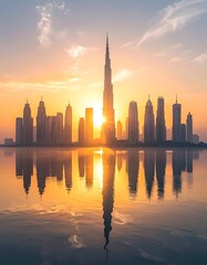 Obraz premium A serene cityscape at sunset with a tall central skyscraper (2)