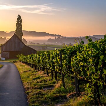 Vineyard landscape at sunrise with road.