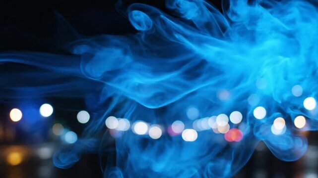 Abstract blue smoke against bokeh lights background artistic concept
