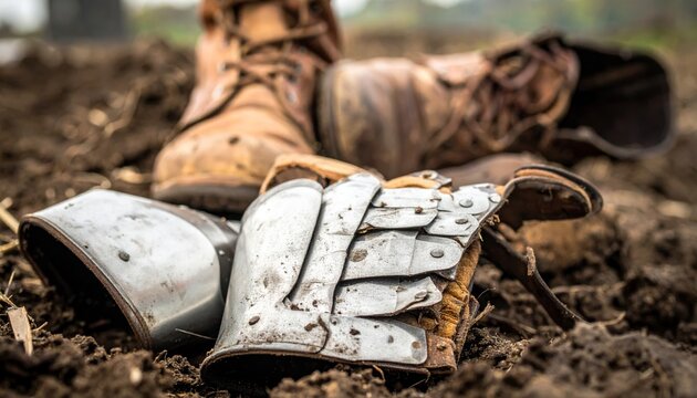 Worn Medieval Armor Gauntlets and Boots on Ground