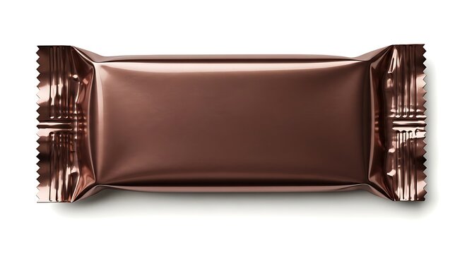A single chocolate bar wrapped in glossy brown foil packaging with embossed design.
