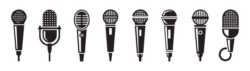 Set of various handheld microphone icons isolated on transparent background for audio recording. © Sumon