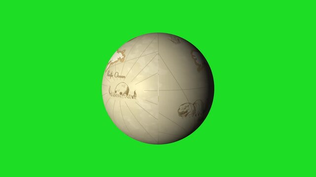 Cartography Vintage Antique Style 3D Rendered Earth Globe Rotating with Old Paper Texture and Historical Map Details on Green Screen Chroma Key Background 4K Seamless Loop