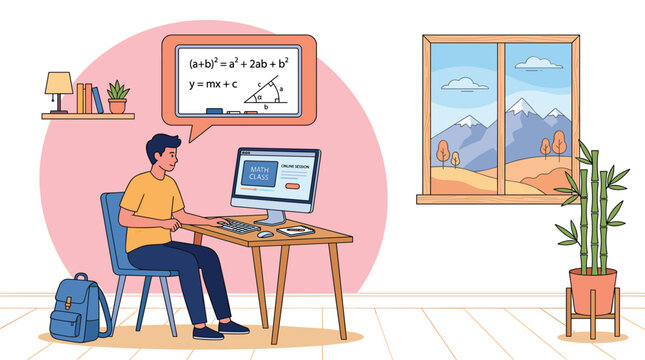 Remote online learning illustration with student studying mathematics on desktop computer inside modern home workspace environment