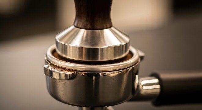 Close-up of a barista tamping fresh coffee grounds for espresso preparation.