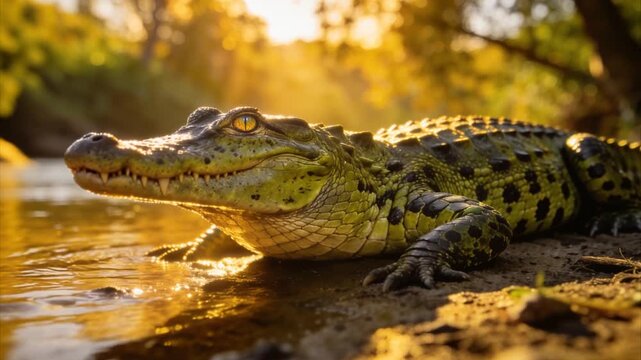 Caiman crocodile at the river costa rica forest golden light