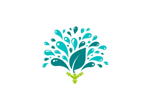 Stylized garden irrigation sprinkler icon with leaf and water droplets