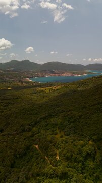 Vertical Aerial of Propriano Bay and Lush Green Hills in Southern Corsica France