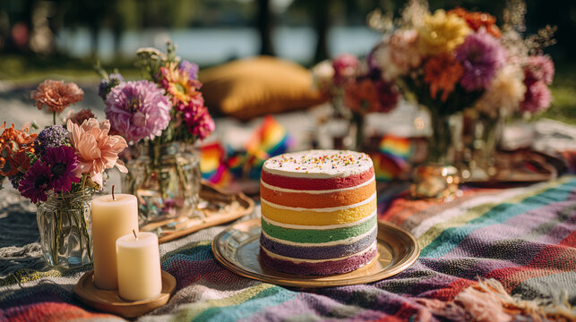 Rainbow pride cake and colorful picnic setup with flowers celebrating LGBT community outdoors