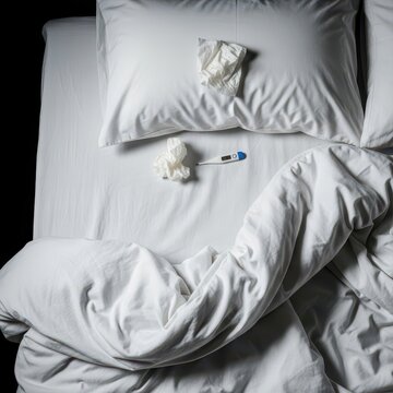 High angle view of a crumpled, empty bed, featuring a used tissue and digital thermometer lying horizontally on the pillow, sickness, domestic, horizontal