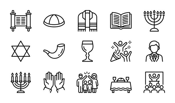 Jewish Culture Icons Set: Menorah, Torah, Star of David, Shofar, Kippah, Prayer