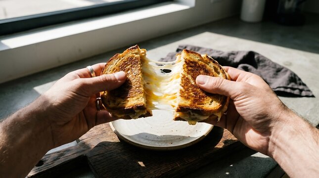 Grilled cheese sandwich is held by two hands as it is pulled apart to reveal melted cheese strings in a sunny kitchen environment with a soft natural light source highlighting the crusty bread.