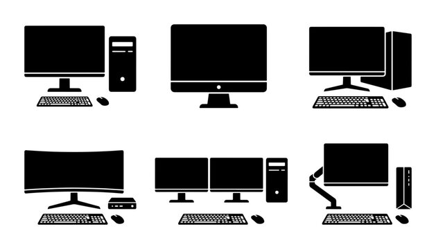 Modern Computer Setups, Desktop PCs, Monitors, Keyboards, Mice, Technology Icons