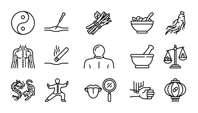 Acupuncture Icons, Traditional Chinese Medicine Symbols, Yin Yang, Herbal Remedies, Wellness Vector Set