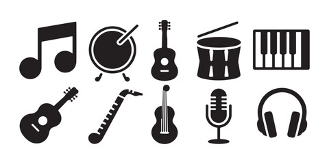 Musical instruments and audio equipment collection flat icons set for creative studio projects. © Sumon