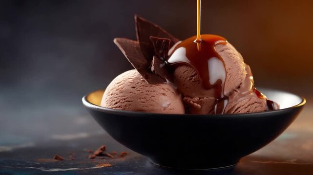 Tempt your taste buds with this delicious chocolate ice cream topped with syrup. An enticing treat that is sure to please dessert lovers everywhere. AI
