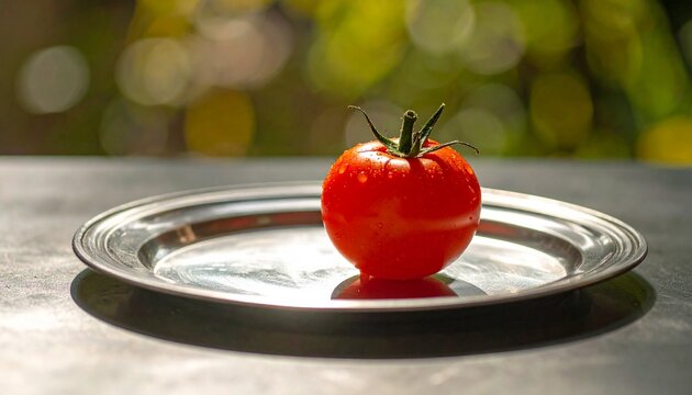 銀食器の上にのっているトマトの写真