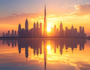 Obraz premium A serene cityscape at sunset with a tall skyscraper (47)