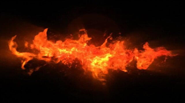 Fiery burst of glowing fire erupts and expands dramatically against a dark background, revealing flames.