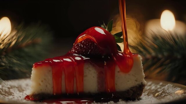 Close cinematic shot of cheesecake slice topped with glossy strawberry, slow gentle sauce pour 