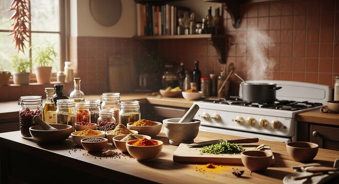 Kitchen Counter with Spices and Herbs for Cooking