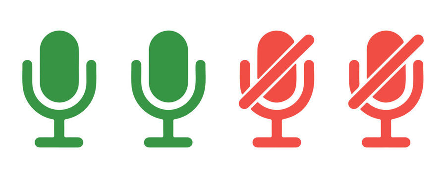 Microphone status icons green for on red for mute or off symbols on transparent background.