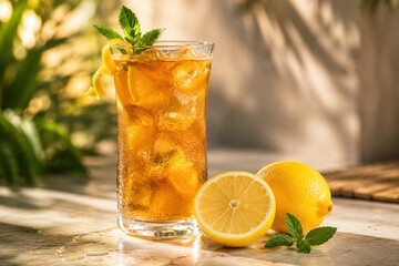 Fototapeta premium Long Island Iced Tea cocktail with lemon on luxury bar. AI-generated.