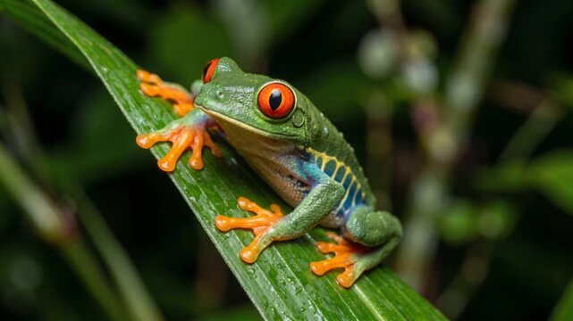 macro shot of red eyed tree frog sitting on leaf at costa rica forest