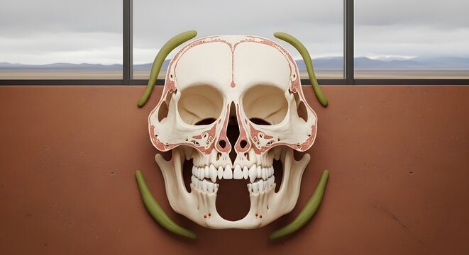 Anatomical Skull Model with Interior View and Green Organic Shapes