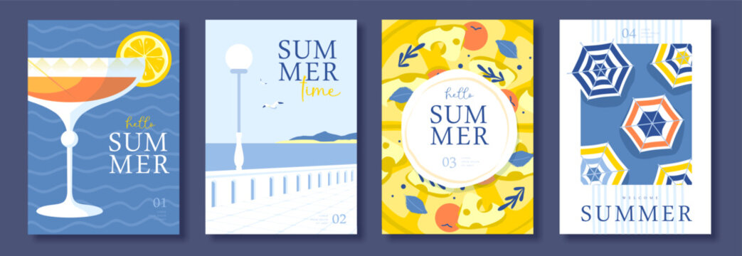 Set of summer Italian posters or covers with limoncello cocktail, beach landscape, pizza, tomatoes, cheese and beach umbrella. Menu design. Vector illustration