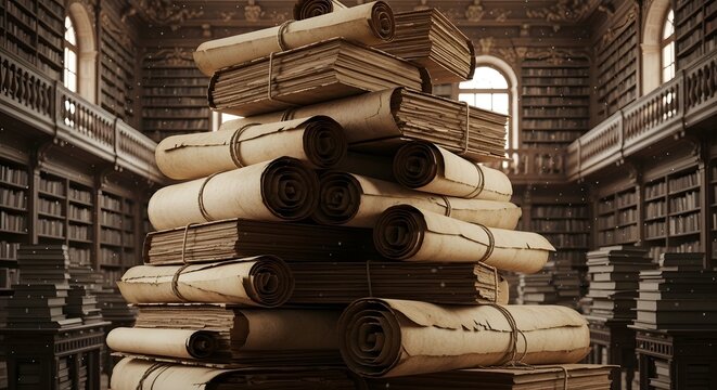 Ancient Scrolls and Old Books Piled in a Grand Library